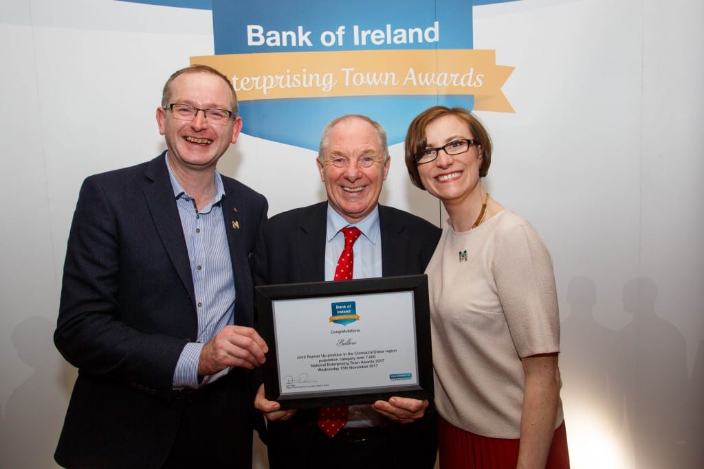 Paul Regan Minister Michael Ring and Mags Downey Martin receiving award for Ballina Co Mayo at National enterprise Awards 2017